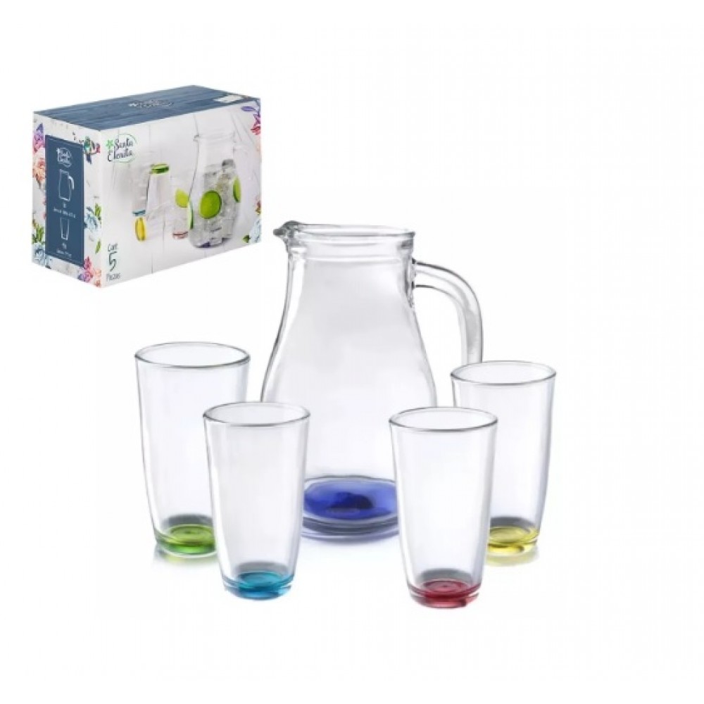 Jarra Vasos De Vidrio Colores Pack 5 Piezas
